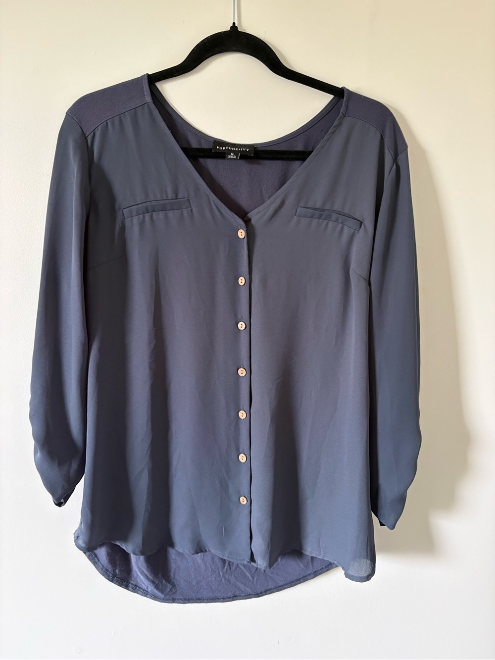 Fortune + Ivy Slate Blue Button-Front Blouse